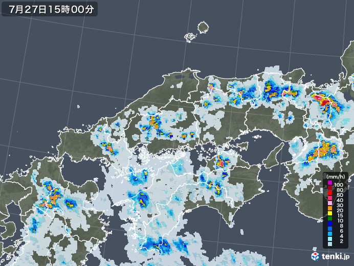 中国地方の雨雲レーダー(2022年07月27日)