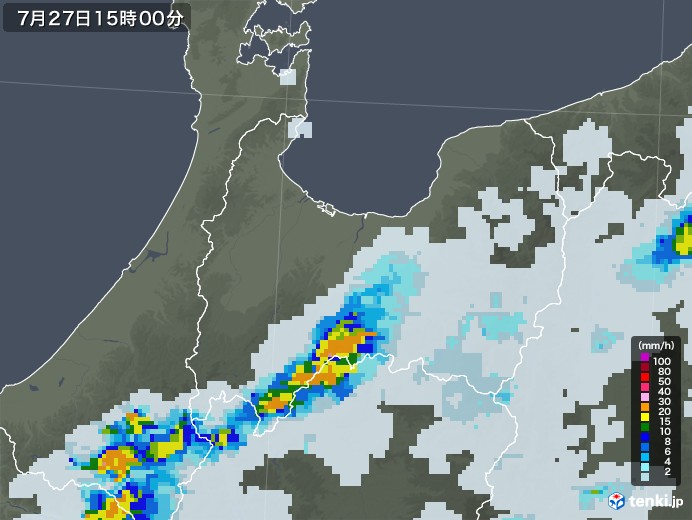 富山県の雨雲レーダー(2022年07月27日)