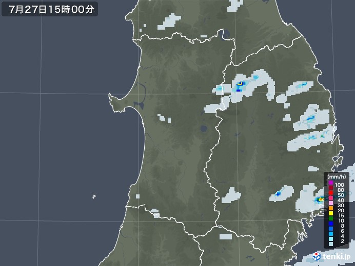 秋田県の雨雲レーダー(2022年07月27日)