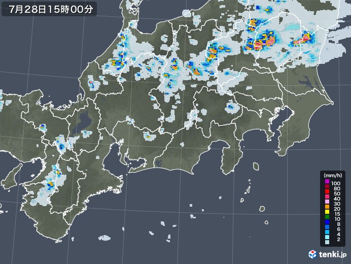 東海地方の雨雲レーダー(2022年07月28日)