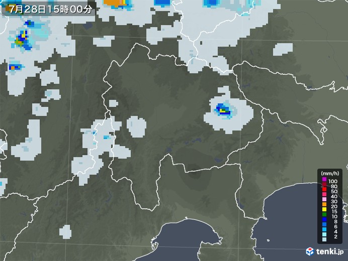 山梨県の雨雲レーダー(2022年07月28日)