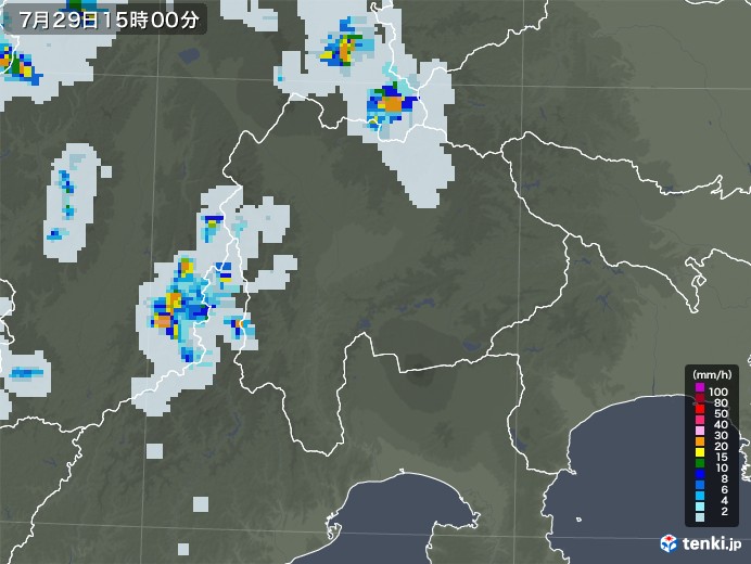 山梨県の雨雲レーダー(2022年07月29日)