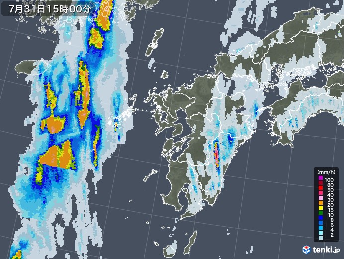 九州地方の雨雲レーダー(2022年07月31日)