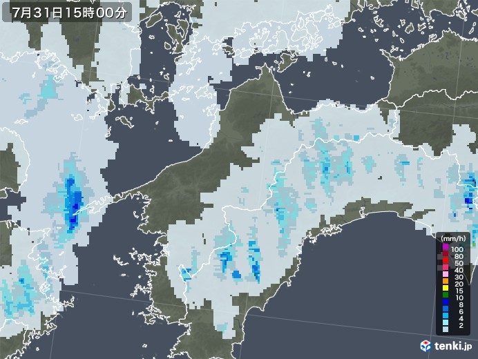 愛媛県の雨雲レーダー(2022年07月31日)