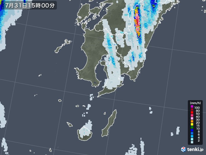 鹿児島県の雨雲レーダー(2022年07月31日)