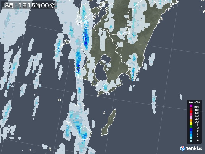 鹿児島県の雨雲レーダー(2022年08月01日)