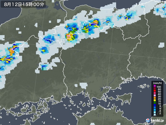 岡山県の雨雲レーダー(2022年08月12日)