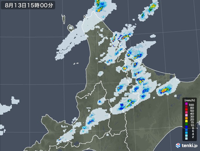 道北の雨雲レーダー(2022年08月13日)