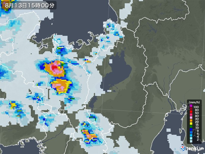 滋賀県の雨雲レーダー(2022年08月13日)
