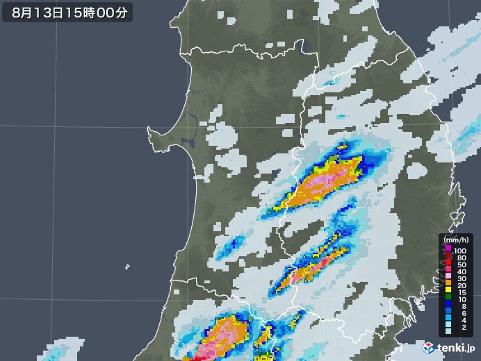 秋田県の雨雲レーダー(2022年08月13日)