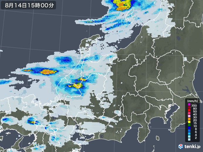 北陸地方の雨雲レーダー(2022年08月14日)