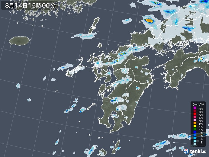 九州地方の雨雲レーダー(2022年08月14日)