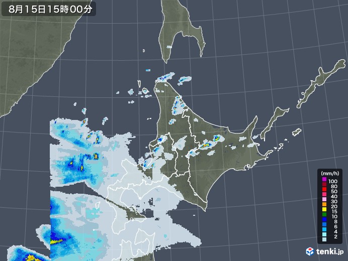 北海道地方の雨雲レーダー(2022年08月15日)