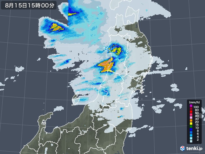 東北地方の雨雲レーダー(2022年08月15日)