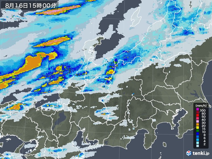北陸地方の雨雲レーダー(2022年08月16日)