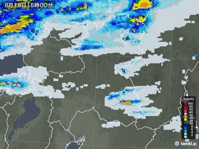 岐阜県の雨雲レーダー(2022年08月16日)