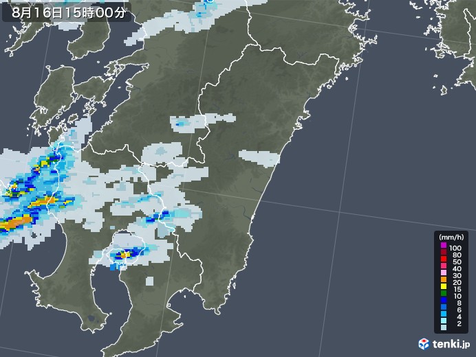 宮崎県の雨雲レーダー(2022年08月16日)
