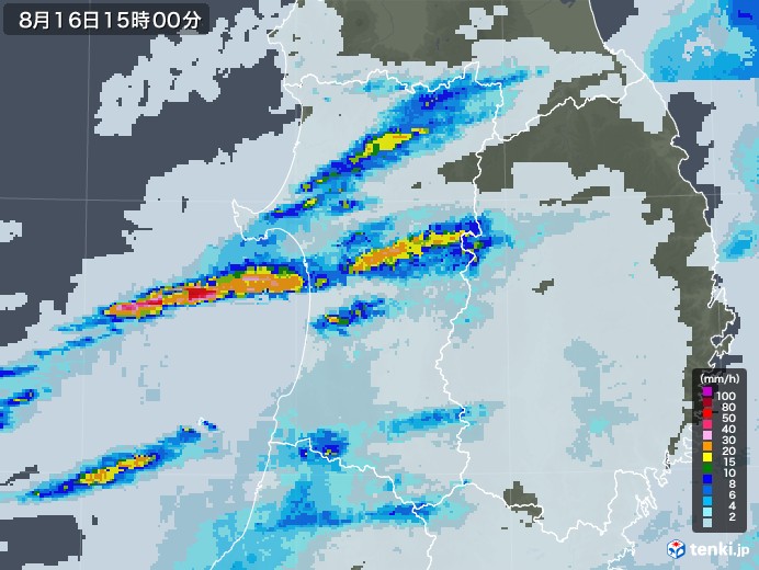 秋田県の雨雲レーダー(2022年08月16日)