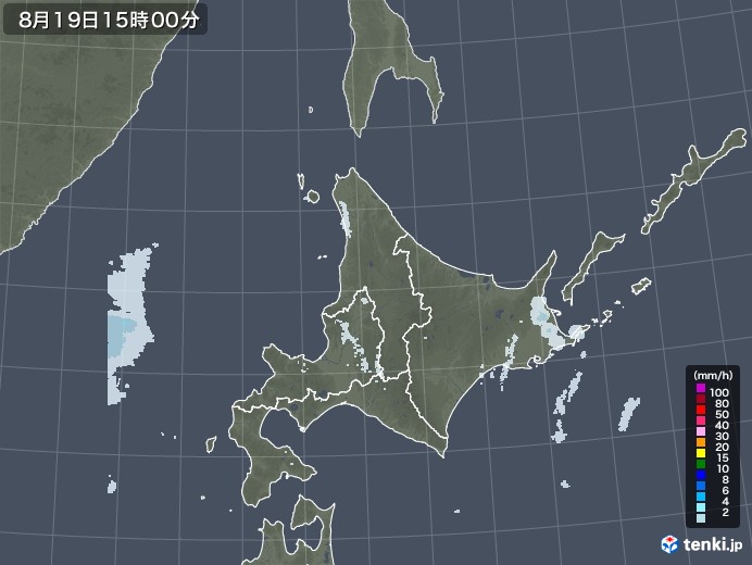 北海道地方の雨雲レーダー(2022年08月19日)