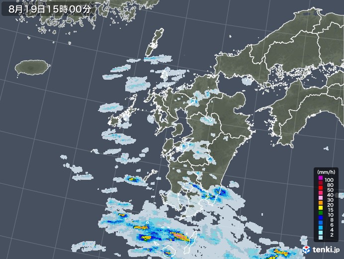 九州地方の雨雲レーダー(2022年08月19日)