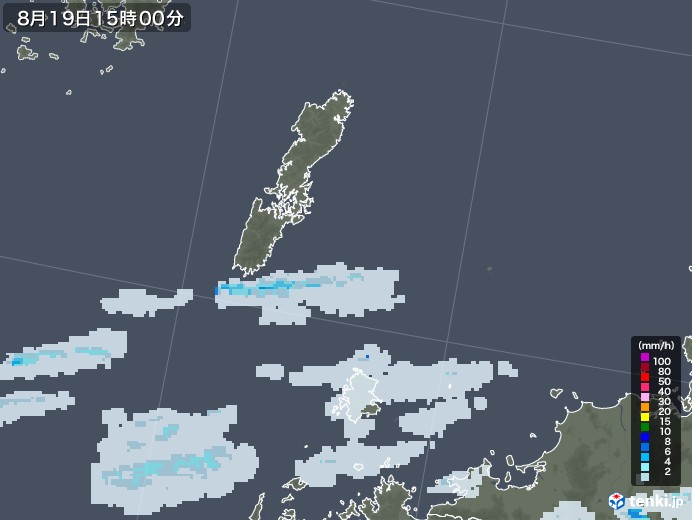 壱岐・対馬(長崎県)の雨雲レーダー(2022年08月19日)