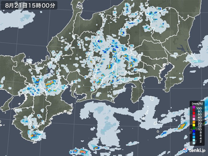 東海地方の雨雲レーダー(2022年08月21日)