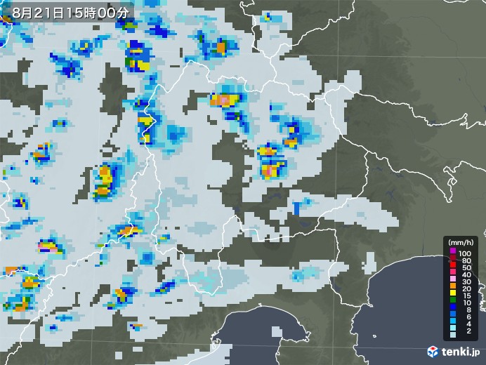 山梨県の雨雲レーダー(2022年08月21日)