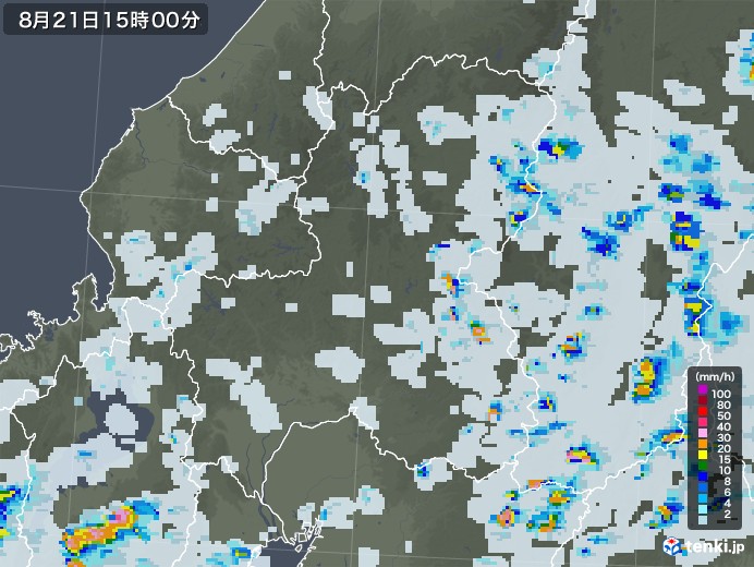 岐阜県の雨雲レーダー(2022年08月21日)