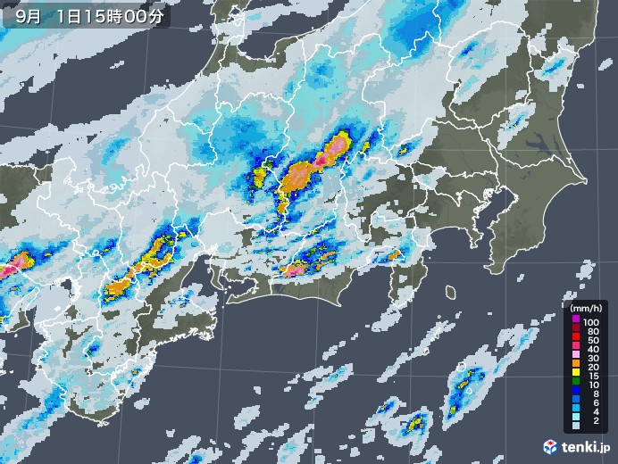 東海地方の雨雲レーダー(2022年09月01日)