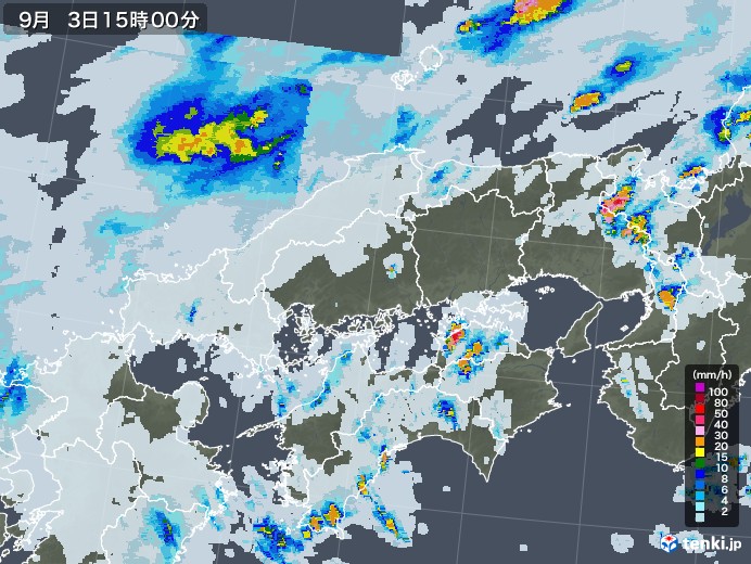 中国地方の雨雲レーダー(2022年09月03日)