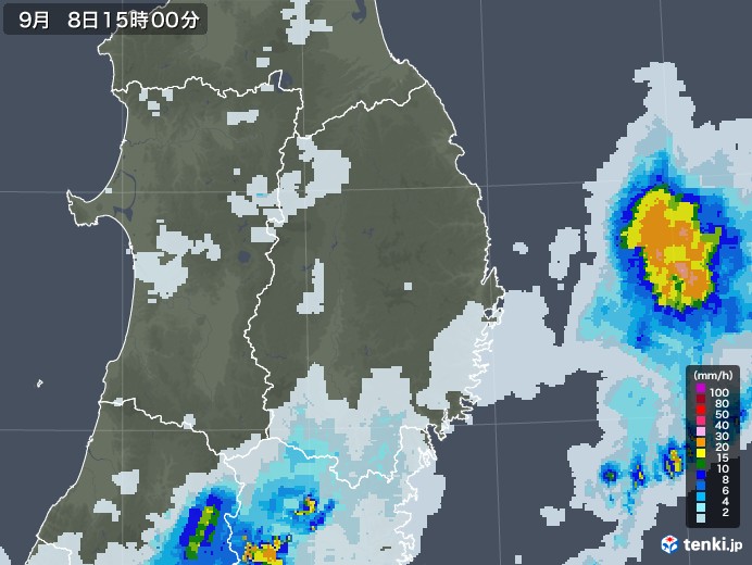 岩手県の雨雲レーダー(2022年09月08日)