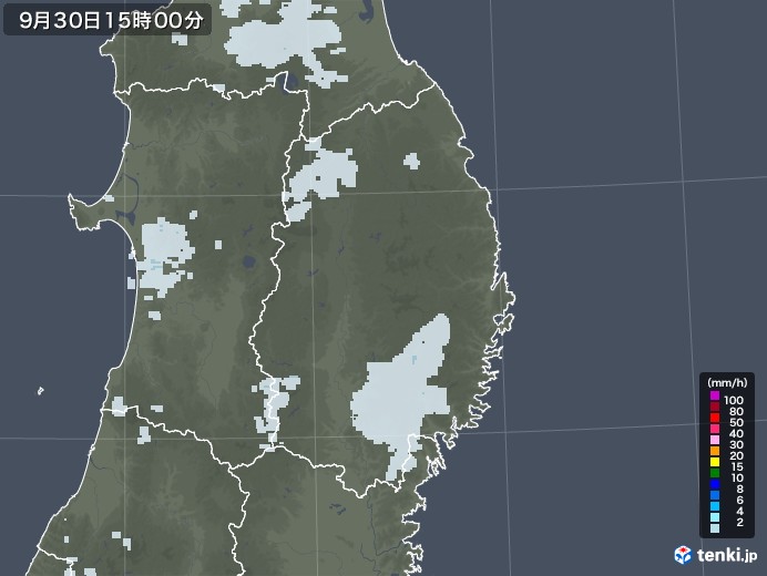 岩手県の雨雲レーダー(2022年09月30日)