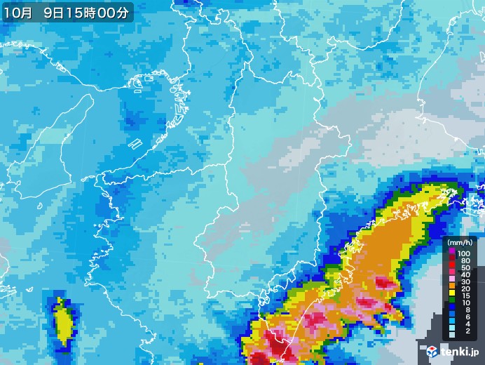 奈良県の雨雲レーダー(2022年10月09日)