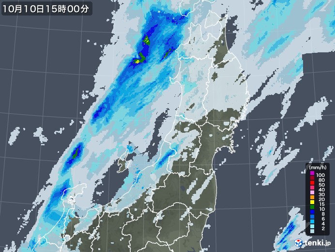 東北地方の雨雲レーダー(2022年10月10日)