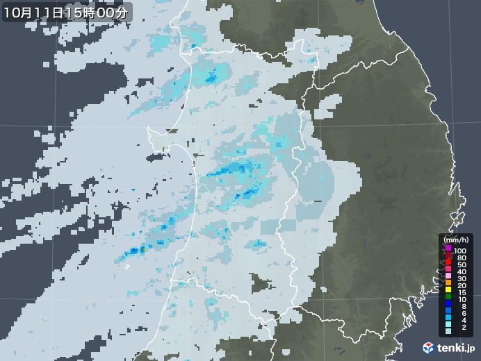 秋田県の雨雲レーダー(2022年10月11日)