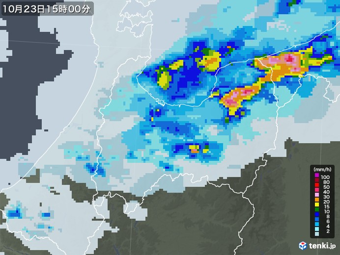 富山県の雨雲レーダー(2022年10月23日)