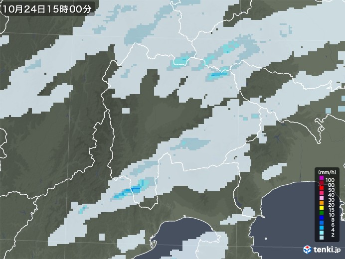 山梨県の雨雲レーダー(2022年10月24日)