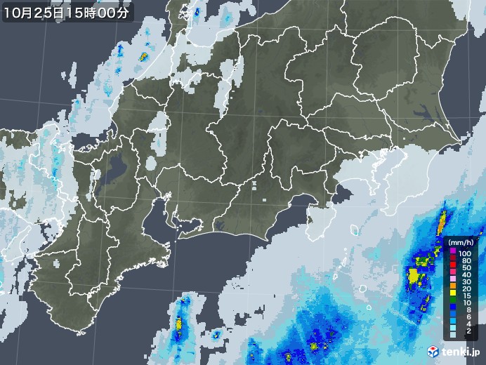 東海地方の雨雲レーダー(2022年10月25日)