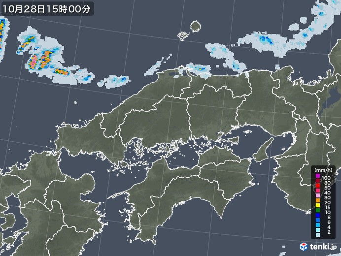中国地方の雨雲レーダー(2022年10月28日)
