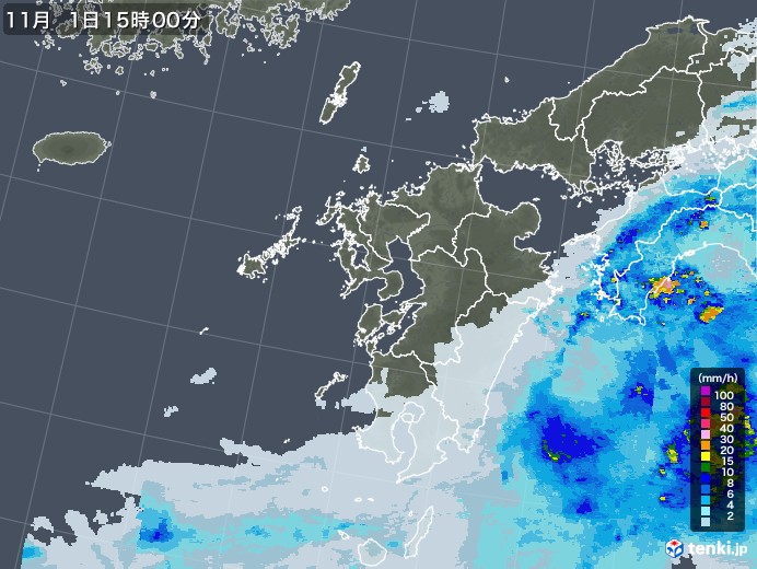 九州地方の雨雲レーダー(2022年11月01日)