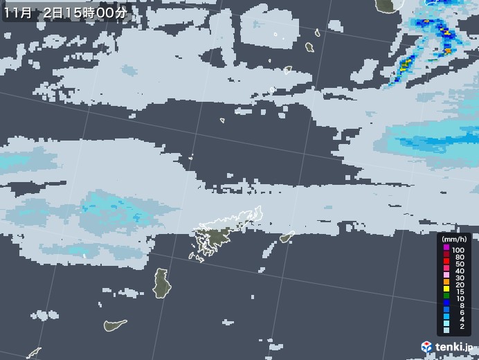 奄美諸島(鹿児島県)の雨雲レーダー(2022年11月02日)