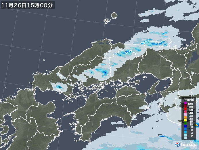 中国地方の雨雲レーダー(2022年11月26日)