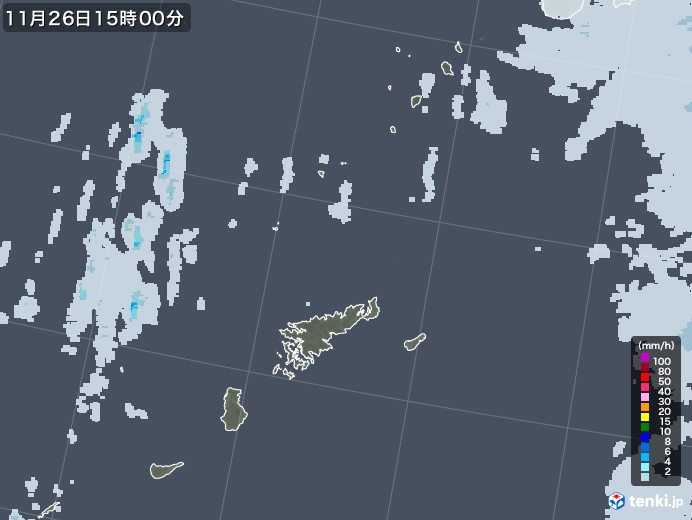 奄美諸島(鹿児島県)の雨雲レーダー(2022年11月26日)