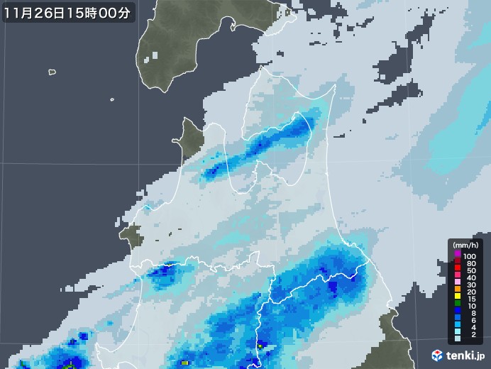 青森県の雨雲レーダー(2022年11月26日)