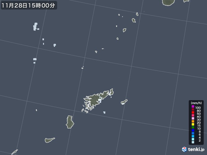 奄美諸島(鹿児島県)の雨雲レーダー(2022年11月28日)