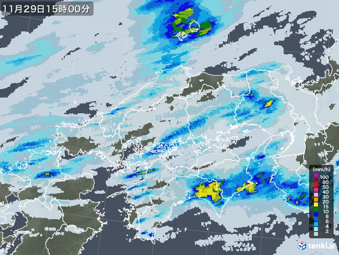 中国地方の雨雲レーダー(2022年11月29日)