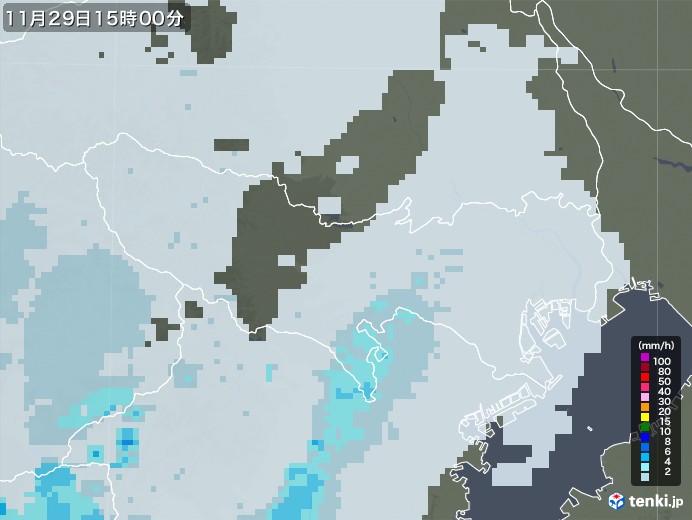東京都の雨雲レーダー(2022年11月29日)