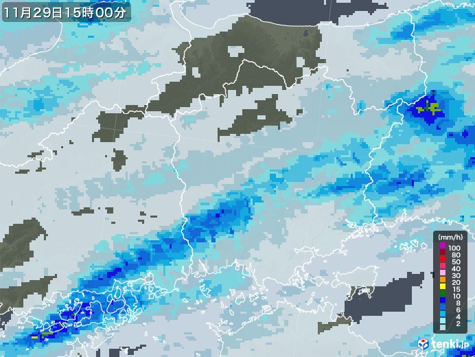 岡山県の雨雲レーダー(2022年11月29日)