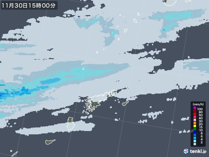 奄美諸島(鹿児島県)の雨雲レーダー(2022年11月30日)