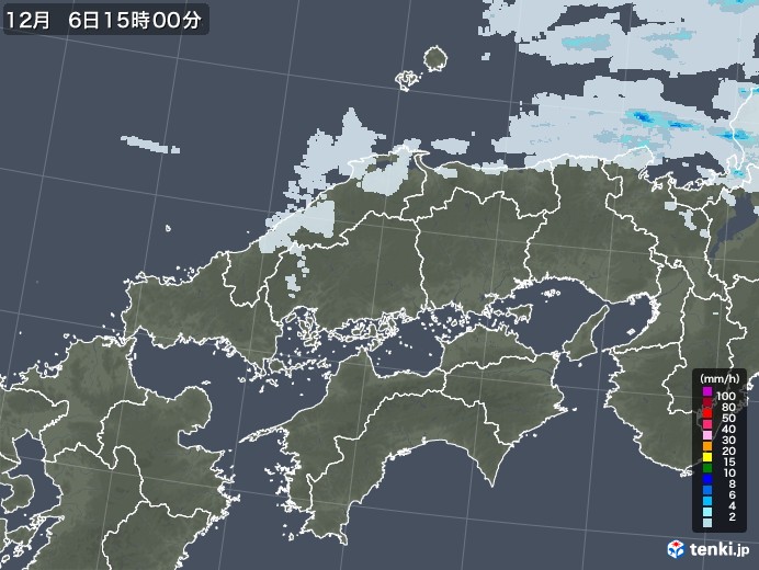 中国地方の雨雲レーダー(2022年12月06日)